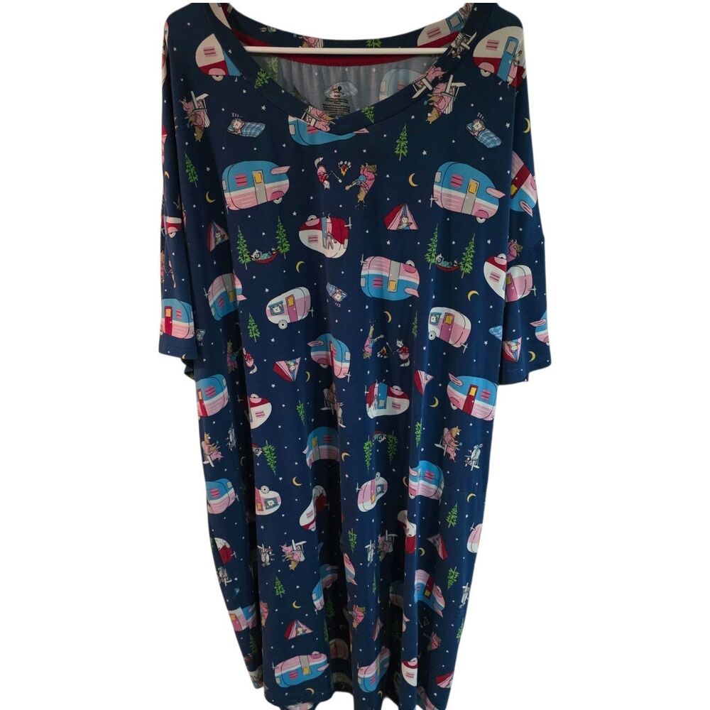 Secret Treasures Women's 2X 3X Plus Nightgown Blue Bunnies Camping V-Neck Gown